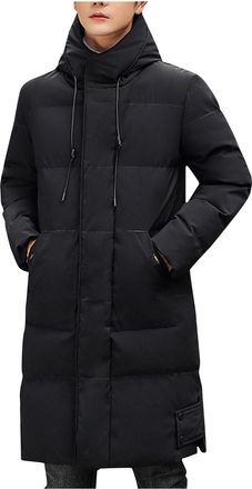 Generic Mens Long Winter Coat Zipped Hooded Puffer Jacket Ankle Length Padded down Coat with Hood Long Sleeve Parka Coats Thermal Windbreak Overcoat Full Zip 