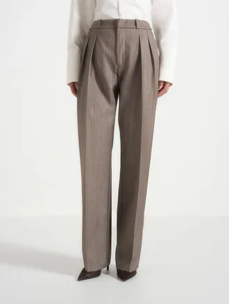 Mani&egrave;re De Voir Julie Fluid Pinstripe Wide Leg Trousers in Taupe at Nordstrom, Size 12