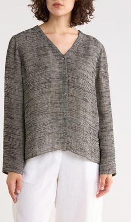 Eileen Fisher V-Neck Organic Linen Blend Button-Up Top in Black/Natural at Nordstrom Rack, Size Medium