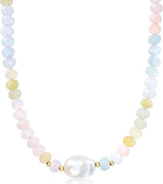 Ross-Simons Multicolored Beryl and 13-14mm Cultured Baroque Pearl Necklace With 18kt Gold Over Sterling