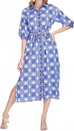 Jade Yoga Damask Shirt Dress In Blue