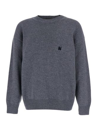 Msgm Grey Crew Neck Sweater With Front Logo In Wool Man
