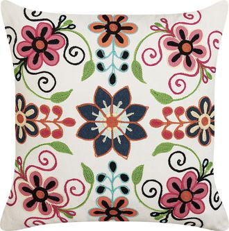 Beliani Coj&iacute;n De Algod&oacute;n Blanco Rosa Verde 50 X 50 Cm Lana Hecho A Mano Bahraich