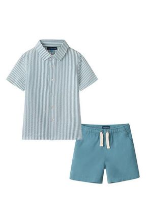 Andy & Evan Kids Stripe Seersucker Button-Up Shirt & Shorts Set in Teal Stripe at Nordstrom, Size 2Y