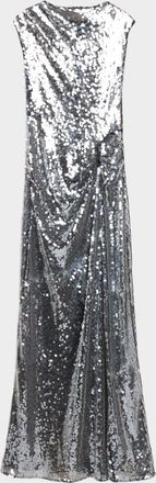 Sally Lapointe Draped Sequined Mesh Sleeveless Gown