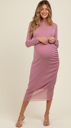 Pinkblush Shimmer Mesh Long Sleeve Ruched Midi Dress at Nordstrom, Size Medium