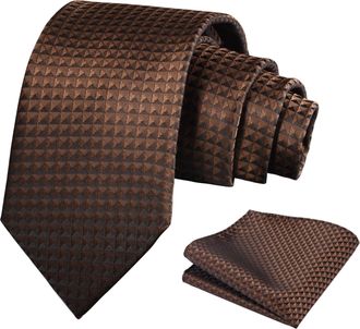 Alizeal Mens Solid Color Necktie and Pocket Square for Business Formal Classic Elegant Check Tie and Hanky Set, Brown