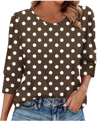 Generic Womens Tops 3/4 Sleeve Button Lounge Tunic Tops UK Crewneck Autumn Winter Basic Shirt Holiday Casual Loose Blouses Polka Dot Comfy Tshirts