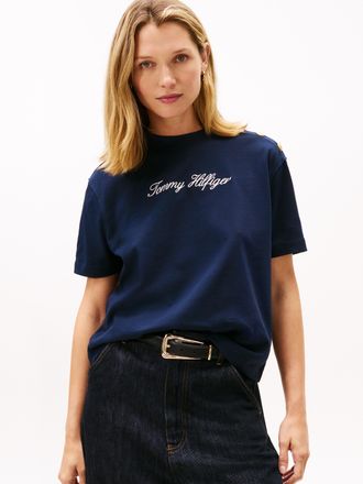 Tommy Hilfiger Kurzarmshirt TOMMY HILFIGER GOLD BTN SCRIPT MDRN SS TEE, Damen, Gr. XXL (44), schwarz night navy, Single Jersey, Obermaterial: 100% Baumwolle, bedruck