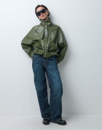 Asos giacca effetto pelle con vita stretta e collo a imbuto verde oliva