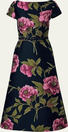 Carolina Herrera Metallic Floral Jacquard Short-Sleeve Belted Midi Dress