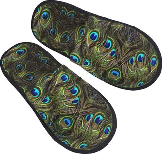 Generic Furry Slippers Fresh Peacock Printing Home Slippers Non Slip Unisex House Slipper For Spa Hotel Guest M