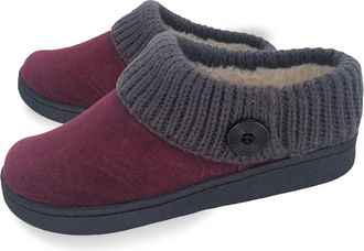 Clarks Womens Suede Leather Comfort Clog Knitted Collar Slipper - Plush Faux Fur Trim - Indoor Outdoor House Slippers For Women, Burgundy/Grey, 6.5 UK