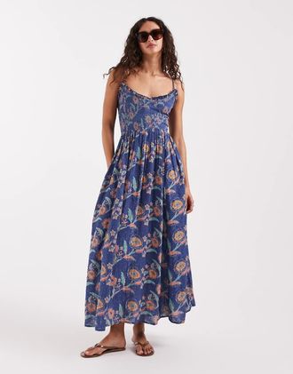 Free People Ciella - Vestito midi blu con stampa a fiori-Multicolore