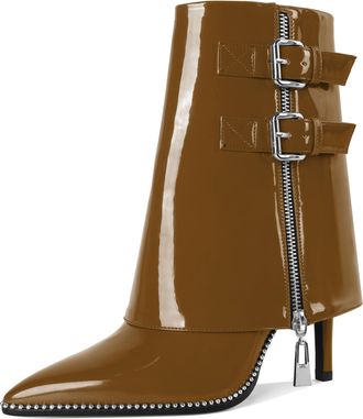 EDEFS Fold Over Boots for Women Mid Calf Ankle Boots Pointy Toe Comfortable for Winter Comfortable Brown UK4