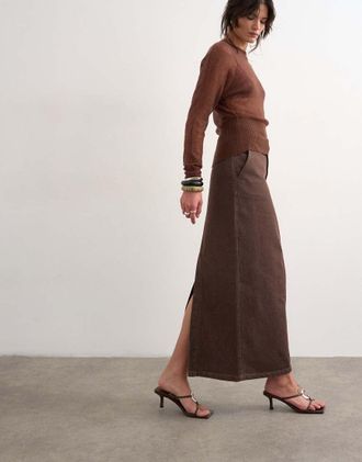 Topshop Gonna lunga a colonna in denim color cioccolato-Marrone
