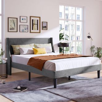 C&A Grey Velvet Double Bed 4FT6 with Winged Headboard and Wooden Slat Support