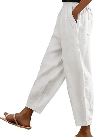 Generic Cotton Linen Trouser Women UK Solid Color Elasticated Waist Trouser Ladies Summer Lounge Pants Loose Fit Full Length Pant Casual Straight Leg Bottoms 