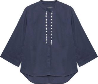 Elena Miro Geborduurd Katoenen Overhemd - Dames - Blouses - Blauw - 2XL - Katoen - Overhemden