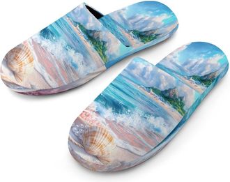 Generic Conch Starfish Wave Beach Mens Flannel Slipper Soft Non Slip House Shoes Comfy Winter Warm Indoor Outdoor Slippers