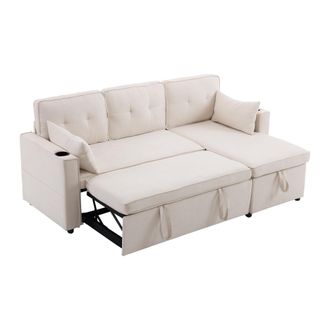 STILVORA Sof&aacute; Cama De Esquina De 3 Plazas En Algod&oacute;n Y Lino Con Canap&eacute;, Chaise Longue, 2 Portavasos Y 2 Cojines, Beige