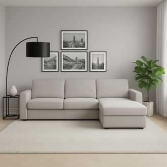 Dmora Sof&aacute; Fijo Dland, Sof&aacute; De Esquina, 100% Made In Italy, Sof&aacute; Sala De Estar, Con Contenedor Reversible Peninsula, En Tela Acolchada, Con Reposabrazos Est