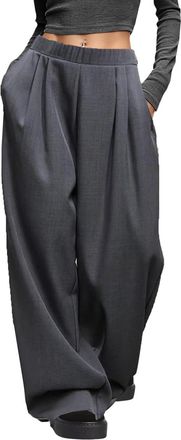 Generic Trousers for Women UK Casual Wide Leg Pleated Trousers with Pockets Solid Color Elastic Waist Pants Loose Lightweight Breathable Daily Wear Going Out 