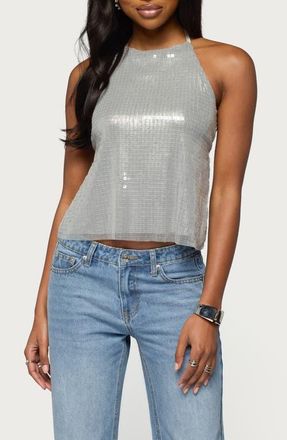 Edikted Itara Sequin Open Back Halter Top in Silver at Nordstrom, Size X-Large