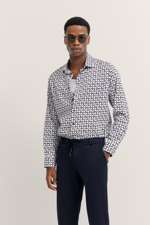 Bugatti Langarmhemd BUGATTI, Herren, Gr. L, Normalgr&ouml;ssen, blau (390, marine), 100% Baumwolle, gemustert, normal, eckige 2-Knopf-Manschette, Hemden Langarmhem