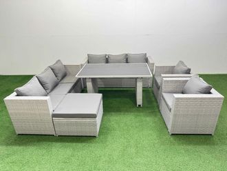 Fimous 9 Seater Outdoor Dining Table 3 Seater Sofa Set with Big Stool in Light Grey