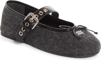 Miu Miu Virgin Wool Flannel Mary Jane Ballet Flat in Antracite at Nordstrom, Size 38.5