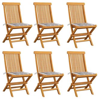 vidaXL Vidaxl - Sillas De Jard&iacute;n 6 Uds Madera De Teca Y Cojines A Cuadros Gris