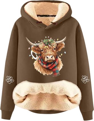 Generic Highland Cow Hooides Jumpers for Women Fleece Lined Sherpa Hoodie Cow Sweatshirt Trendy Drawstring Long Sleeve Pullover Highland Cows Gifts for Women 