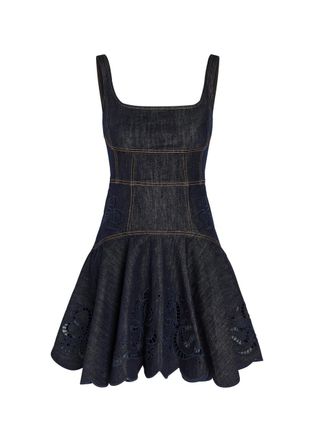 Self Portrait Embroidered Panelled Denim Mini Dress - Blue - 12 (UK12 / M)