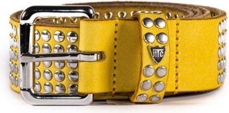 HTC Studded Yellow Leather Belt with Brass Buckle and Logo Rivet