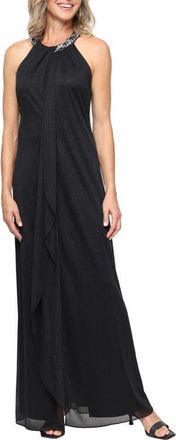 S.L. Fashions Embellished Halter Neck Sleeveless Glitter Gown in Black at Nordstrom, Size 12