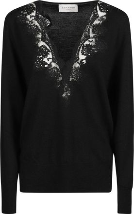 Ermanno Scervino Delicate Lace-Trimmed Black V-Neck Wool Sweater