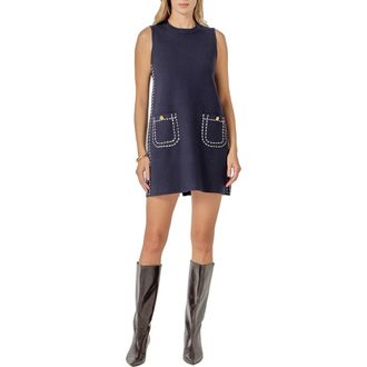 English Factory Stitch Detail Sleeveless Mini Sweater Dress in Navy/White at Nordstrom, Size Medium