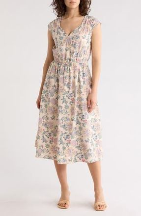 Lucky Brand Floral Cap Sleeve Midi Dress in Sand Floral at Nordstrom Rack, Size X-Large