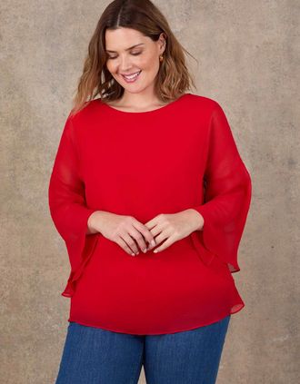 Live Unlimited London Womens Red Angel Sleeve Overlay Top - Size: 20
