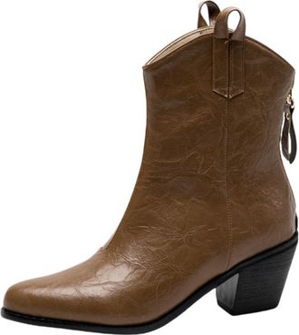 Generic Womens Vintage Distressed Cowboy Ankle Boots PU Leather Pointed Toe Chunky Block Heels Side Zipper Pull Tab Daily Casual Office Commute Shoes,Yellow,5