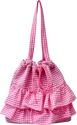 Generic Women Plaid Cotton Tote Bag Lace Trim Shoulder Bag Ruffle Drawstring Bag (Pink)