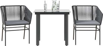 vidaXL Set Comedor Jard&iacute;n 3 Pzas Cojines Rat&aacute;n Sint&eacute;tico Vidrio Negro Vidaxl
