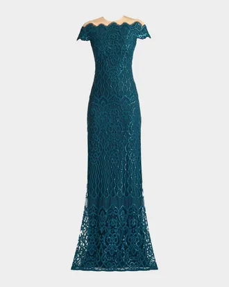 Tadashi Shoji Illusion Sequin Column Gown