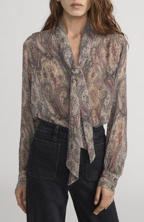 Frame Denim The Paisley Tie Neck Silk Shirt in Ecru Multi at Nordstrom, Size X-Small