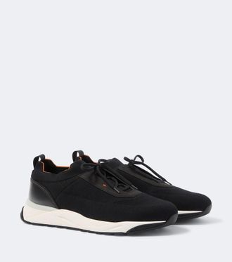 Santoni Leather-trimmed knitted sneakers
