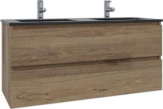 Adema Chaci Badkamermeubelset - 120x46x57cm - 2 keramische wasbakken zwart - 2 kraangaten - 2 lades - eiken
