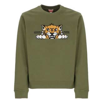 Kenzo Sweatshirts, male, Green, S, Green Crewneck Sweatshirt with Tiger Embroidery