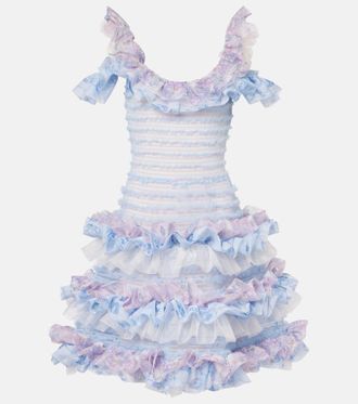 Susan Fang Printed smocked ruffled minidress