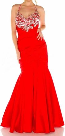 Mac Duggal Halterneck Beaded Mermaid Gown In Red
